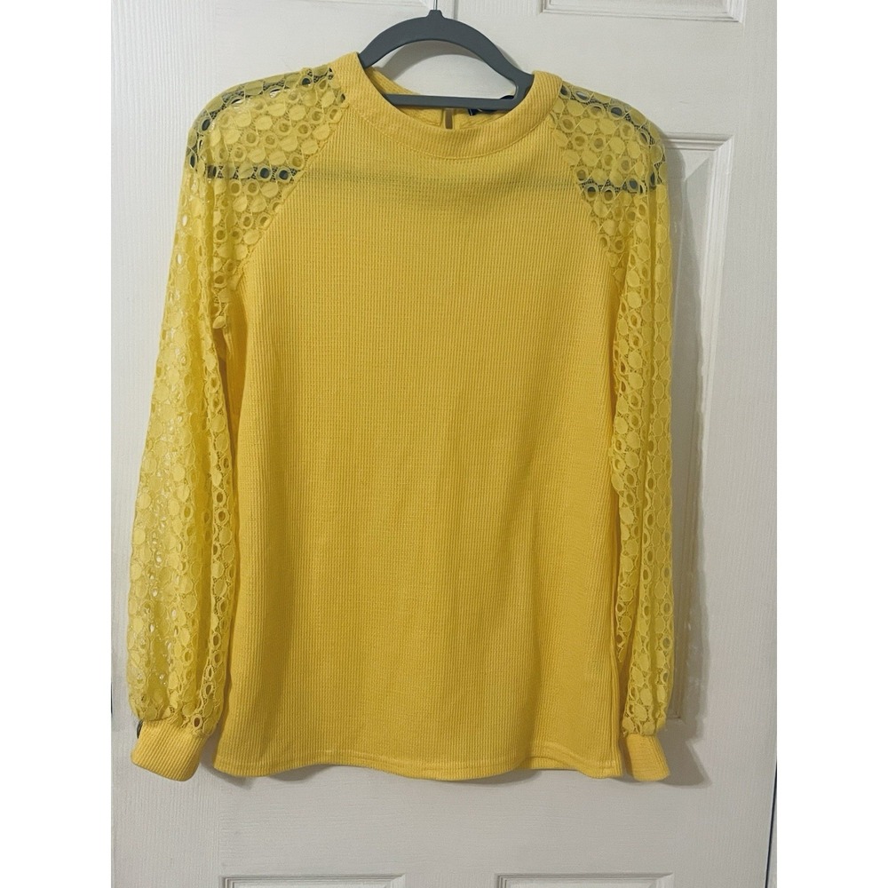 MIHOLL Yellow Waffle Knit Lace Sleeve Zip Neck Top Women Size S